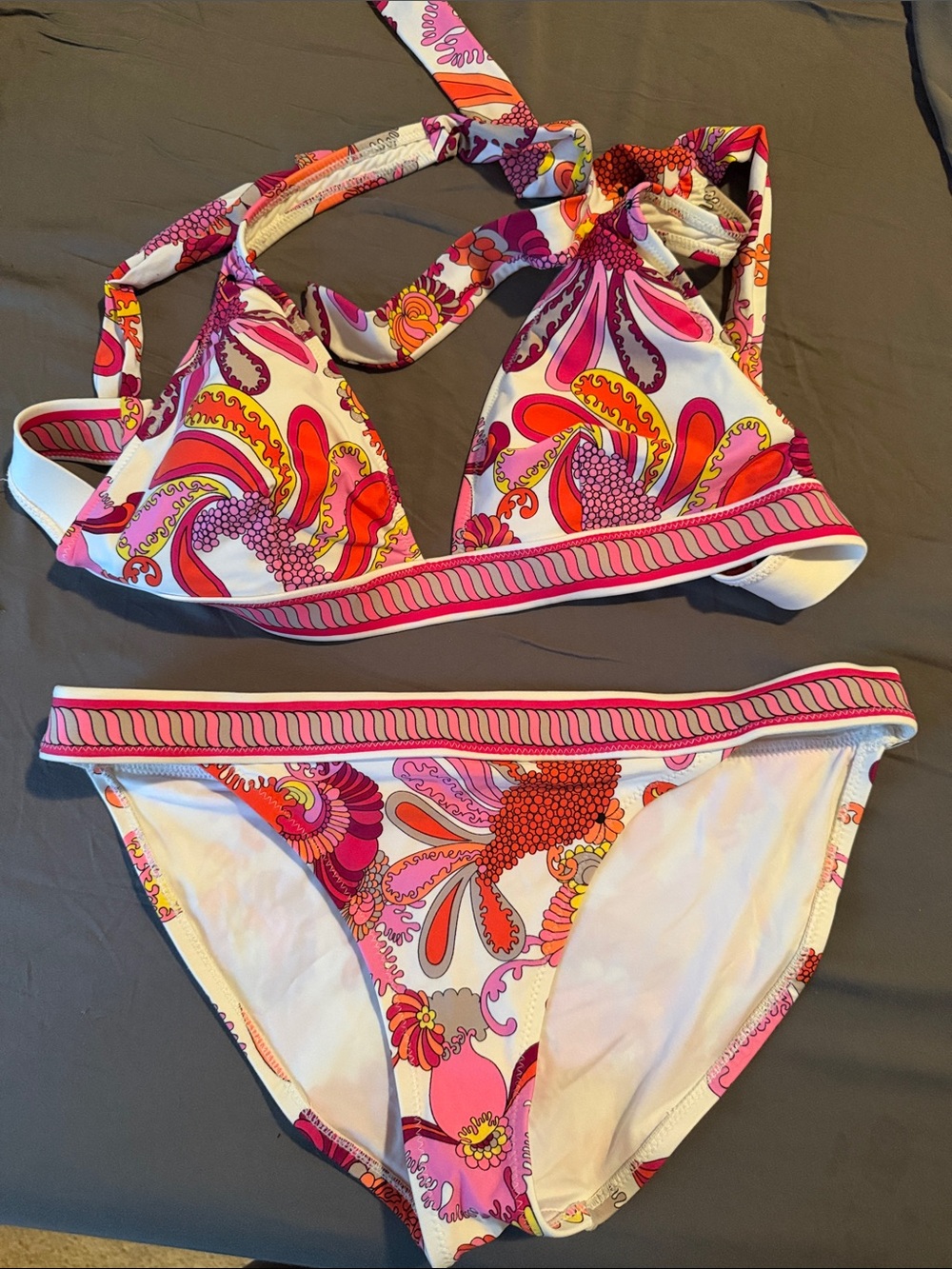 Trina Turk Pink Orange Floral Print Triangle Bikini top 12 bottoms 10